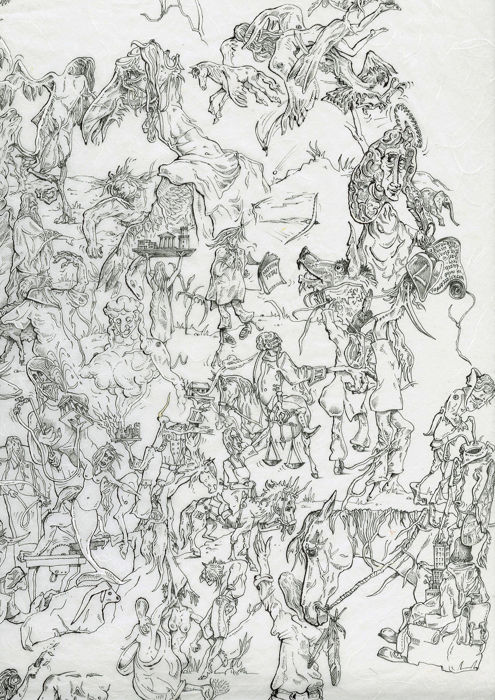 Martin Jamborsky, Allegorische Hochschulwerkstatt. 2014, Zeichnung, Tusche auf Strohseide
