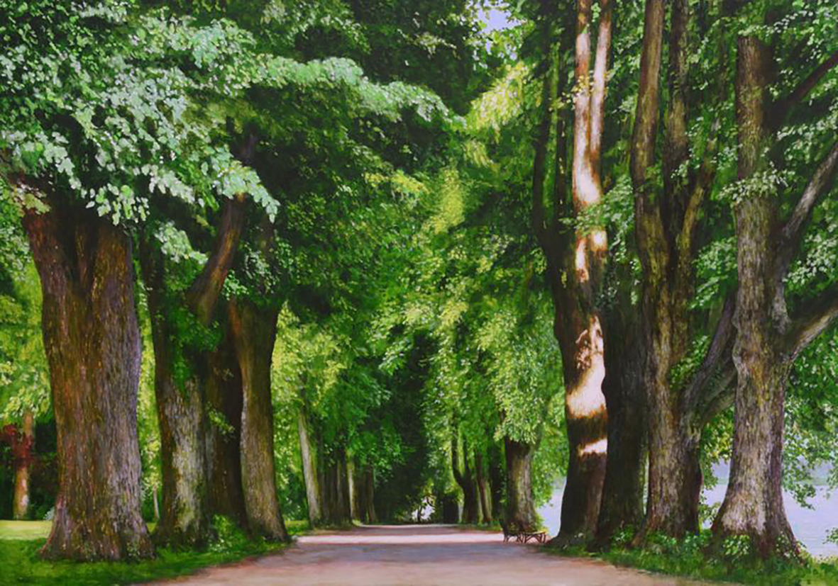 Andreas Scholz, Frühabend im Lindenhofpark. 2020, Öl/Lwd., 140x200 cm