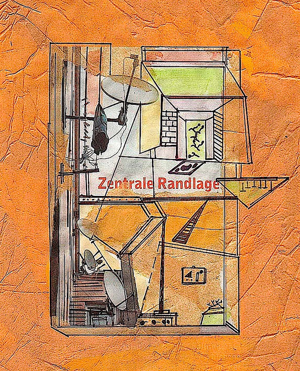 Angelika Janz: Zentrale Randlage. 2004/2023, Collage, Tusche, Stempel auf Prägedruck