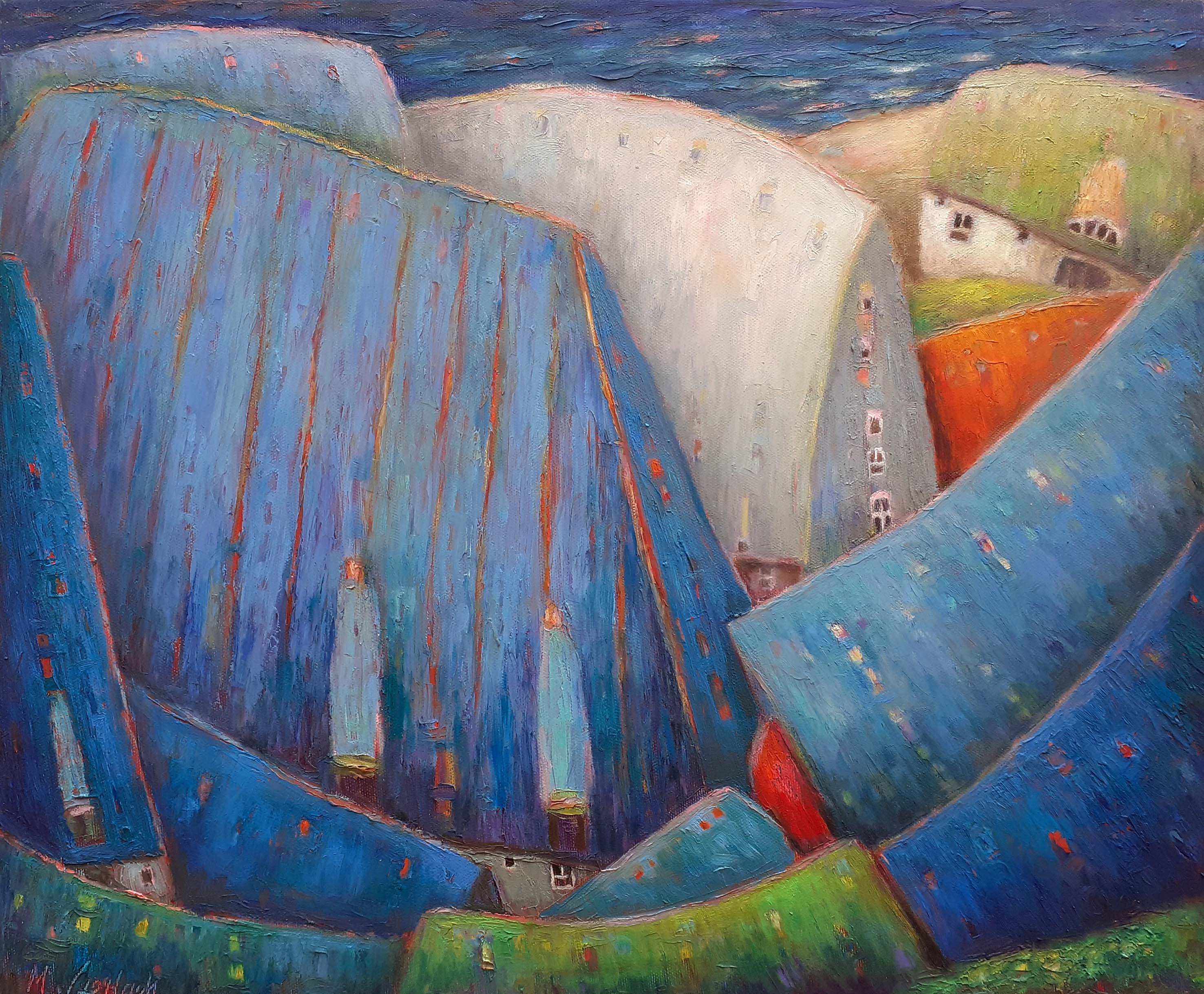 Matthias Gerlach: Blaue Dächer am Meer. Öl auf Leinwand, 2024