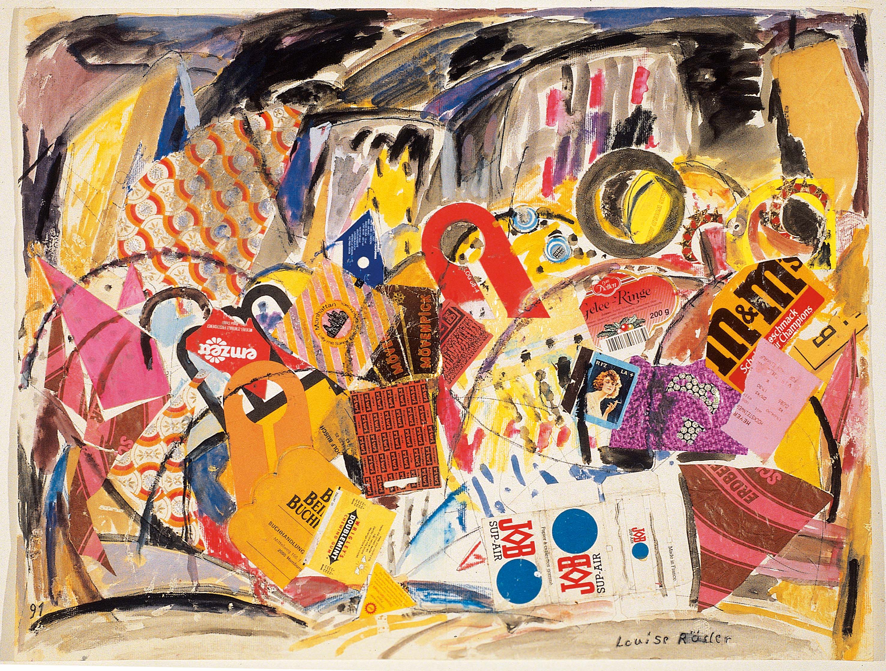 Louise Rösler: Rummel am Marx-Engels-Platz. 1991, Aquarell, Collage auf Papier