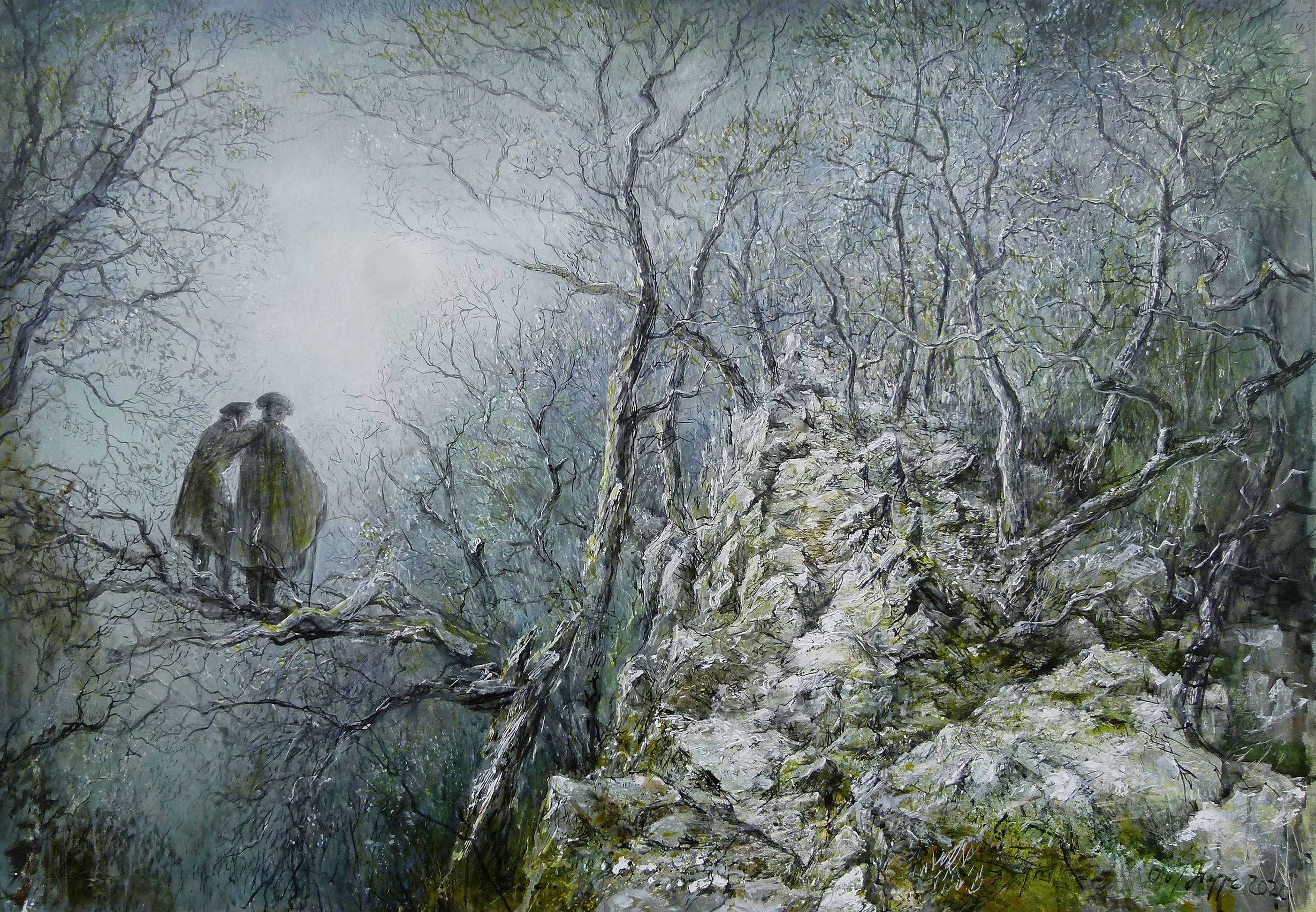 Olaf Hoppe: Zwei Wanderer den deutschen Wald betrachtend. 2020, Acryl auf Leinwand
