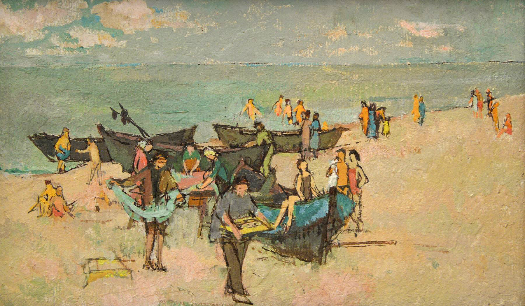Otto Manigk: Arbeit und Erholung II (Am Fischerstrand). 1953/54 Öl, Tempera auf Karton, 20 × 32 cm (Ausschnitt) Foto: Kunsthalle Rostock © VG Bild-Kunst, Bonn 2025