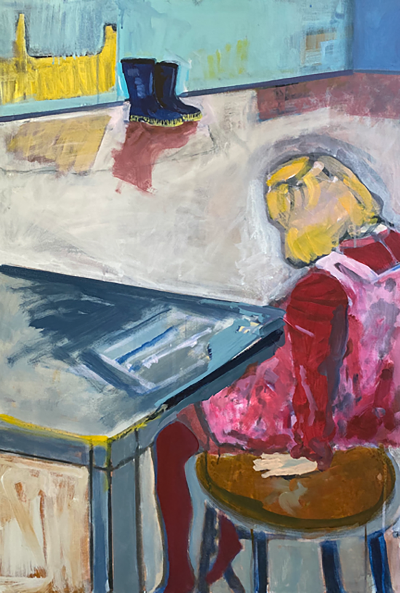 Felix Jess: Mädchen in Gummistiefeln. 2021. Acryl auf Leinwand