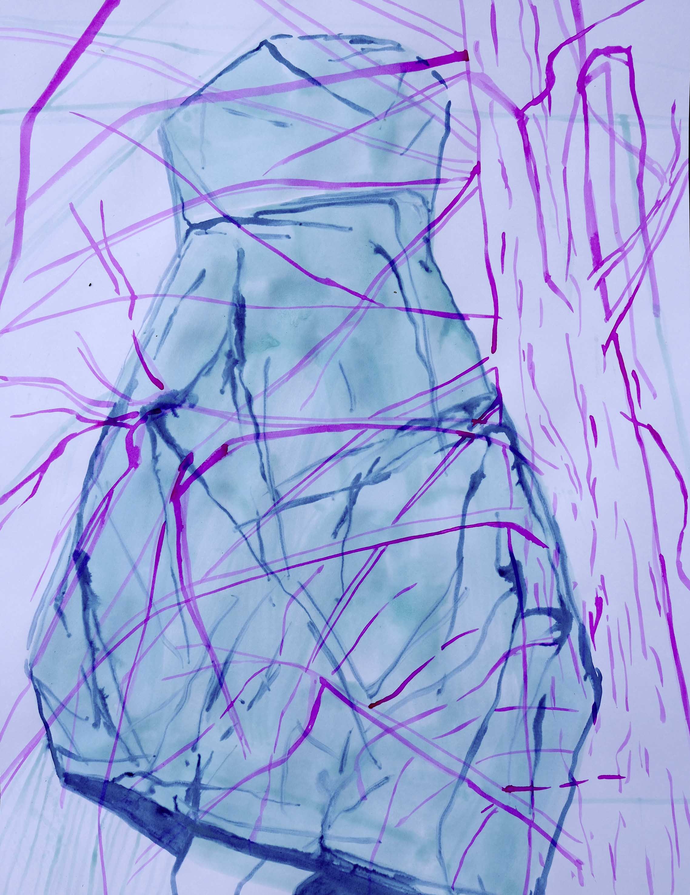 Linda Perthen: Tween Trees, 65 x 50 cm, Schellacktusche auf Papier, 2025