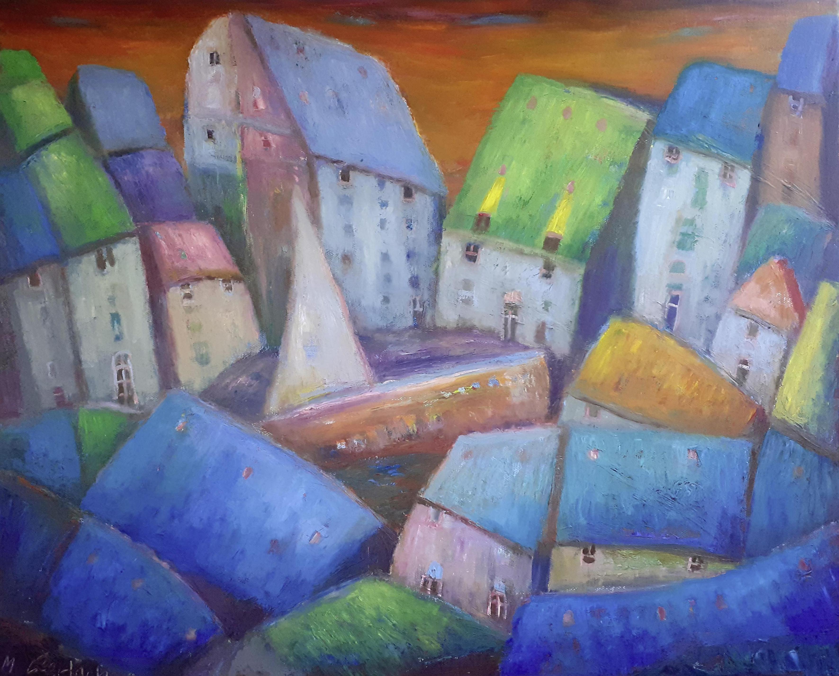 Matthias Gerlach: Blaue Hafendächer II. 2025, Öl auf Leinwand