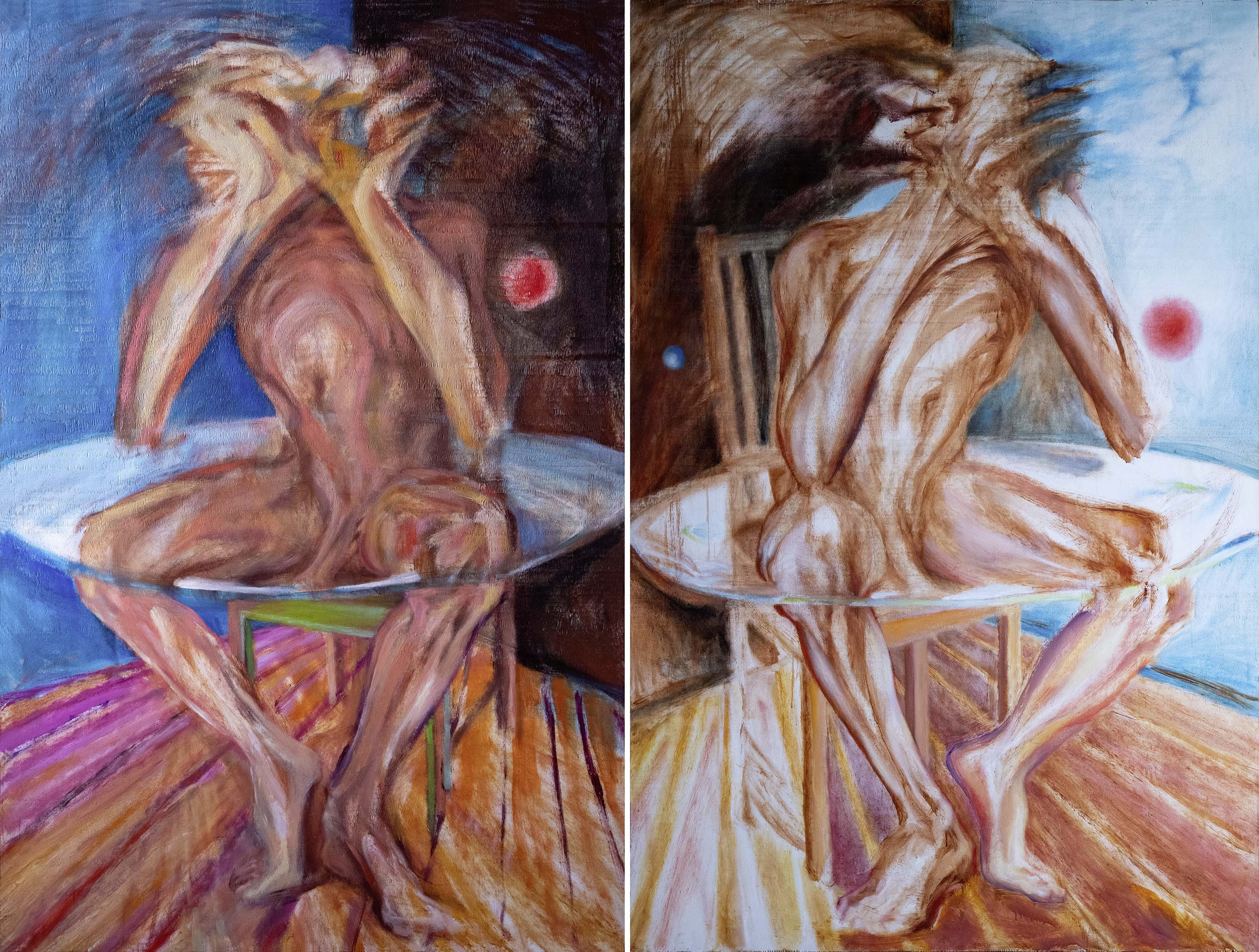 Simon Schade: Geburt - Neugeborenes. 2025, Öl auf Sperrholz/Bildmembrane