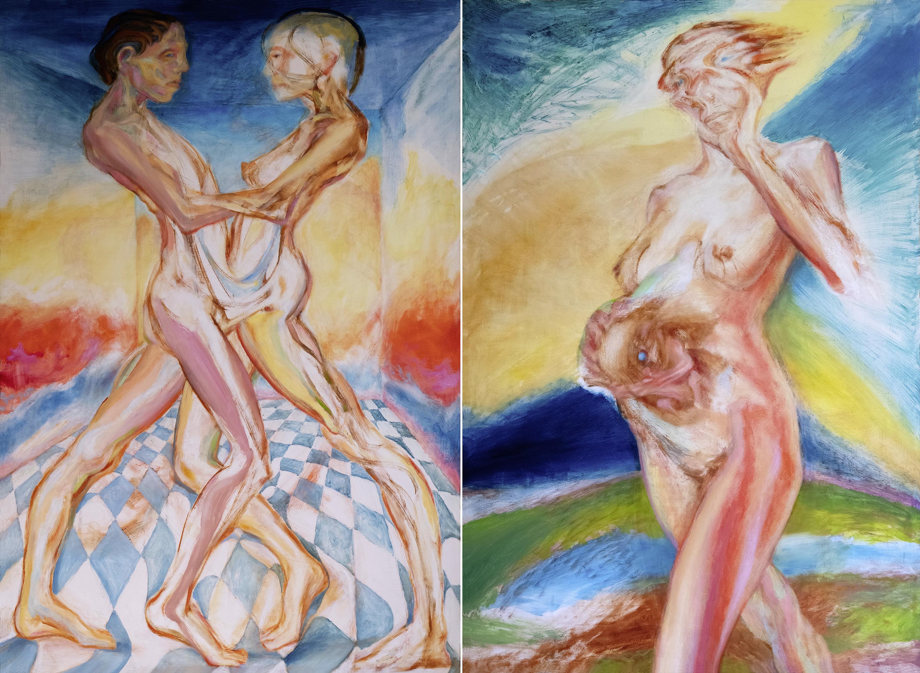 Simon Schade: Paar - Schwangere. 2025, Öl auf Sperrholz/Bildmembrane