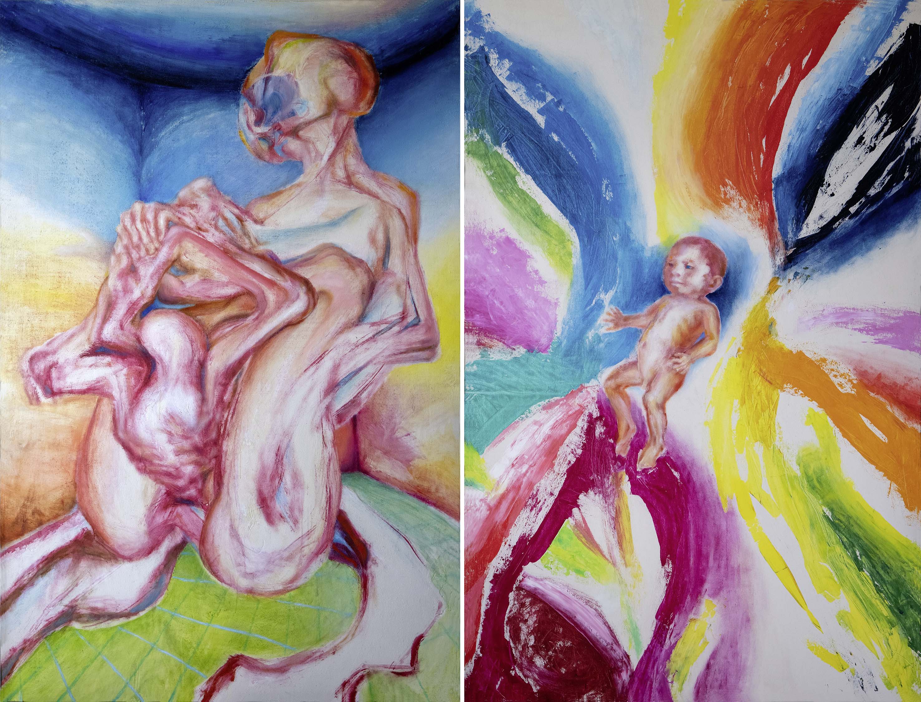 Simon Schade: Geburt - Neugeborenes. 2025, Öl auf Sperrholz/Bildmembrane