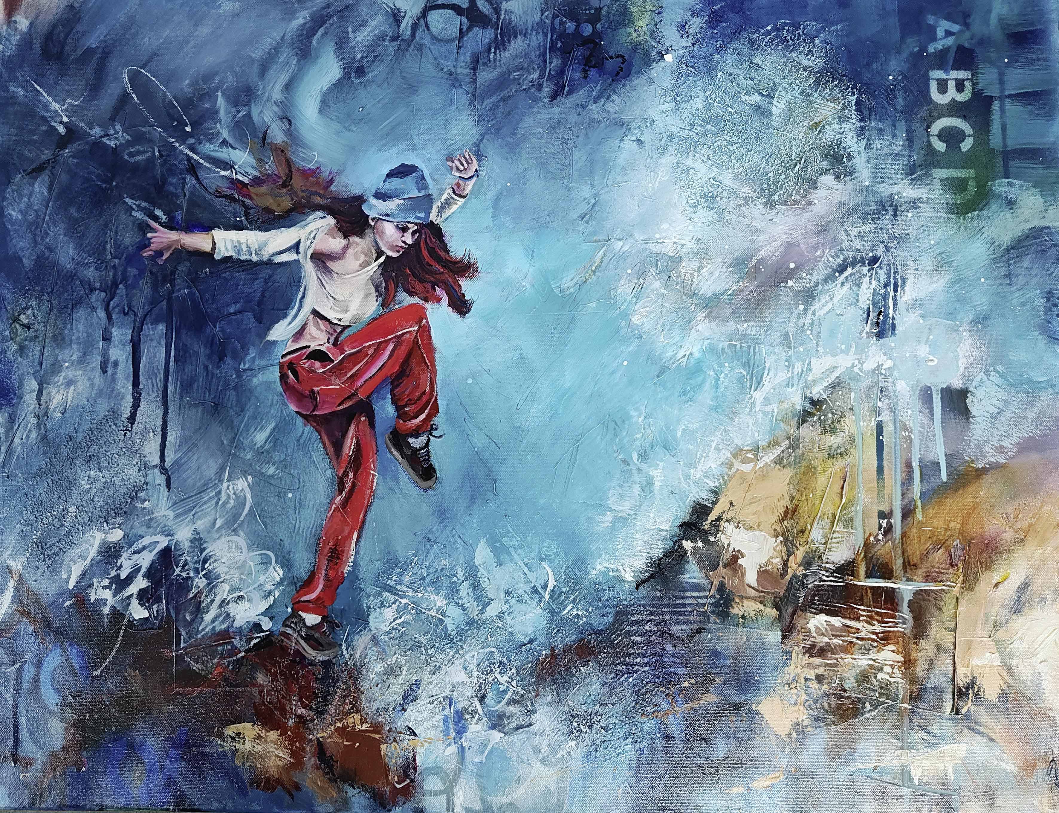 Marion Körner: Tanz auf der Klippe. 2025, Mixed Media auf Leinwand